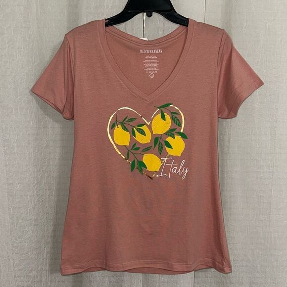 MEDITERRANEAN XL PINK YELLOW GREEN GOLD LEMON LOVE ITALY V-Neck Short Sleeve T - Picture 1 of 8